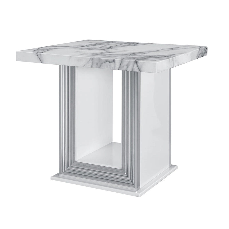 24 White and Silver Faux Marble and Wood Pedestal End Table - 26' X '24.4' X '26