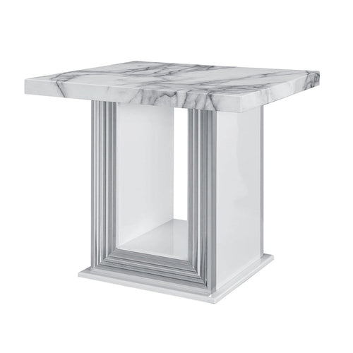 24 White and Silver Faux Marble and Wood Pedestal End Table - 26' X '24.4' X '26