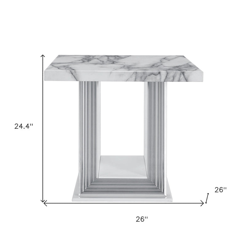 24 White and Silver Faux Marble and Wood Pedestal End Table - 26' X '24.4' X '26