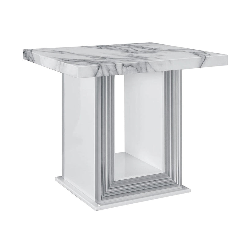 24 White and Silver Faux Marble and Wood Pedestal End Table - 26' X '24.4' X '26