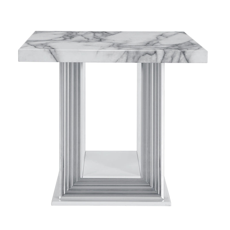 24 White and Silver Faux Marble and Wood Pedestal End Table - 26' X '24.4' X '26