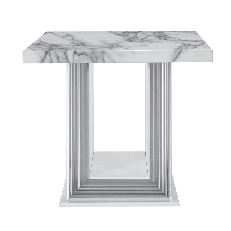 24 White and Silver Faux Marble and Wood Pedestal End Table - 26' X '24.4' X '26
