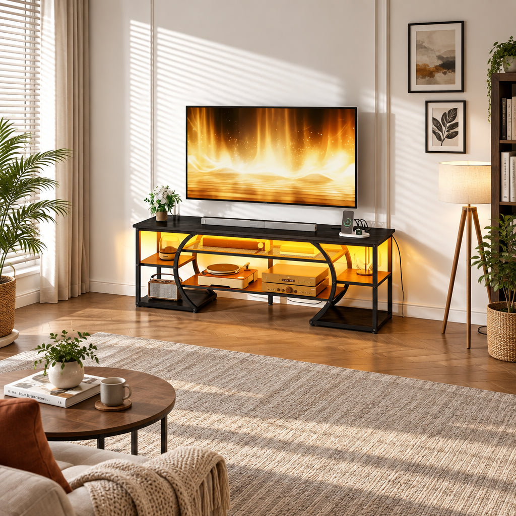 Moasis Industrial LED TV Stand for 65/70 Inch TV with Power Outlets and Shelves