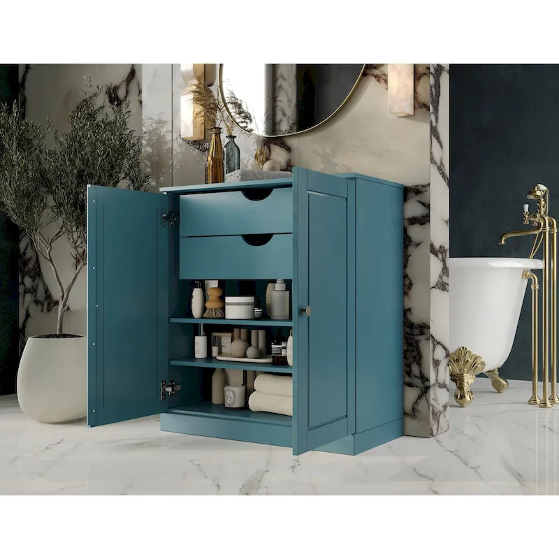 Imports 100% Solid Wood 32 Bathroom Cabinet with Solid Doors, 2-Drawers and Adjustable Shelves