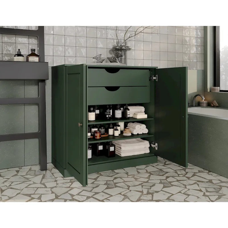 Imports 100% Solid Wood 32 Bathroom Cabinet with Solid Doors, 2-Drawers and Adjustable Shelves