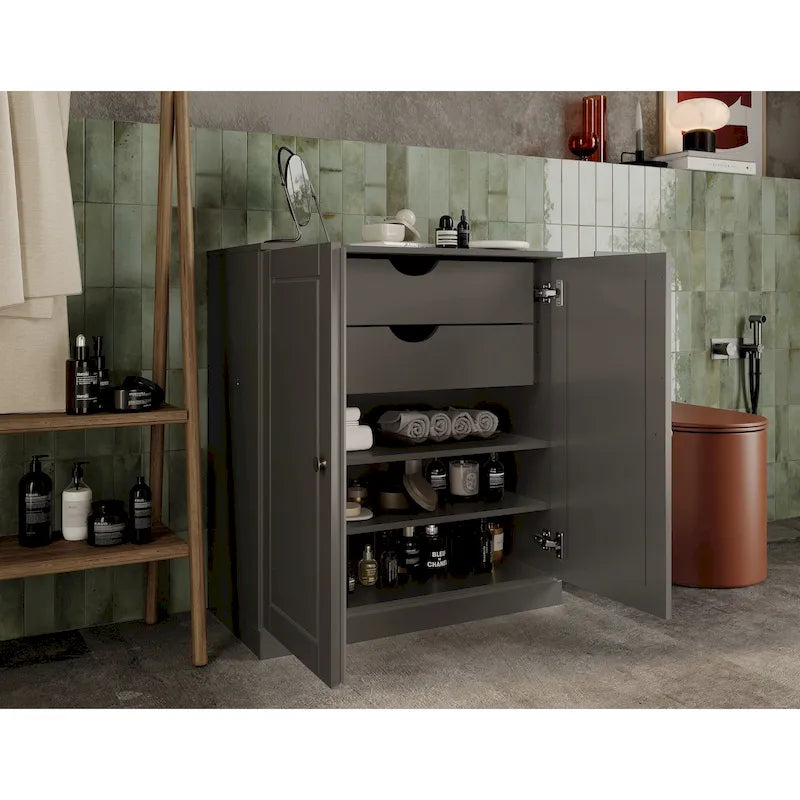 Imports 100% Solid Wood 32 Bathroom Cabinet with Solid Doors, 2-Drawers and Adjustable Shelves