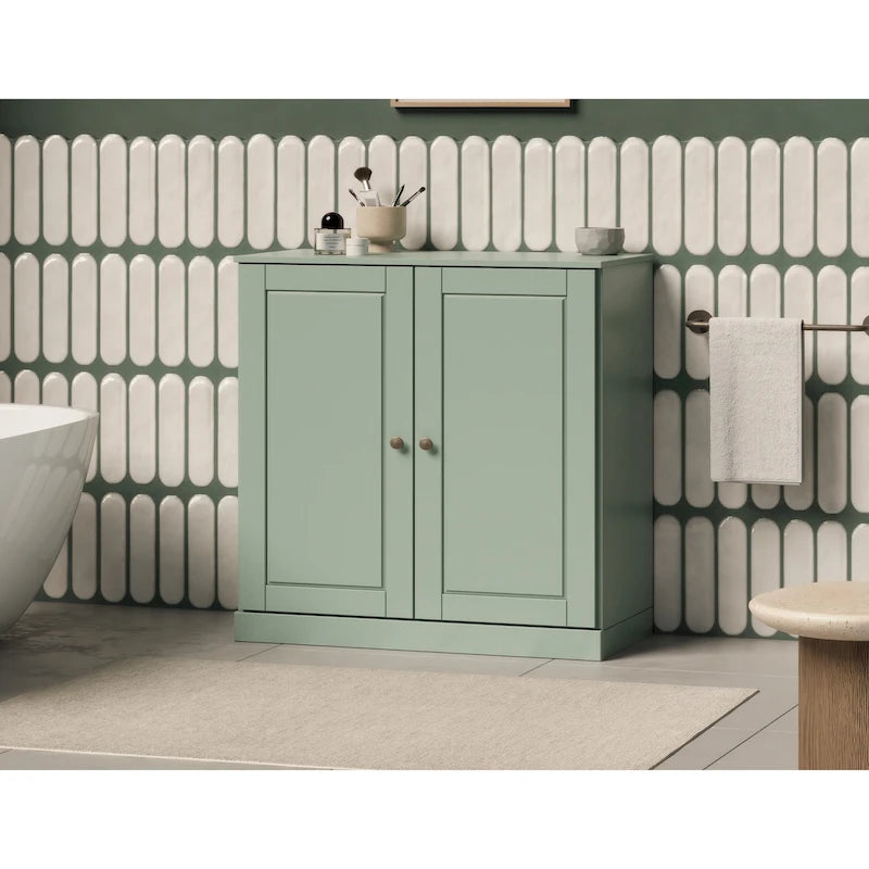 Imports 100% Solid Wood 32 Bathroom Cabinet with Solid Doors, 2-Drawers and Adjustable Shelves