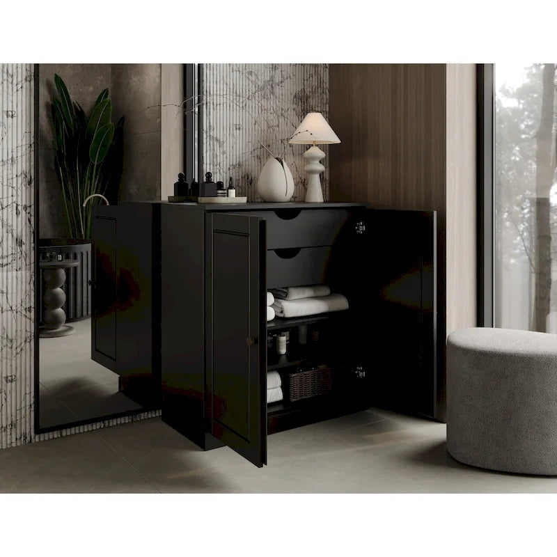 Imports 100% Solid Wood 32 Bathroom Cabinet with Solid Doors, 2-Drawers and Adjustable Shelves