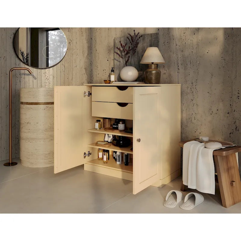 Imports 100% Solid Wood 32 Bathroom Cabinet with Solid Doors, 2-Drawers and Adjustable Shelves