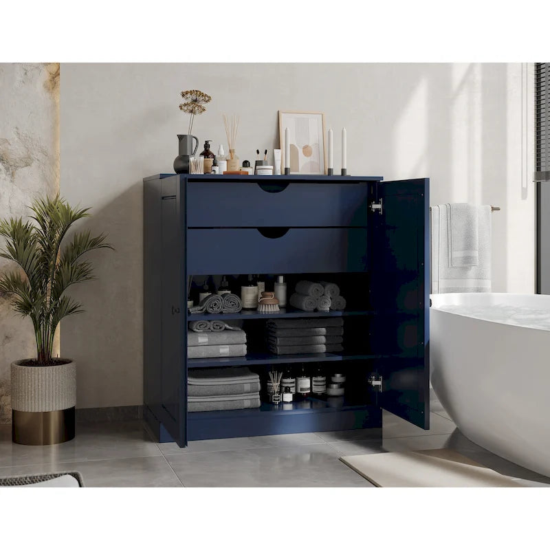 Imports 100% Solid Wood 32 Bathroom Cabinet with Solid Doors, 2-Drawers and Adjustable Shelves