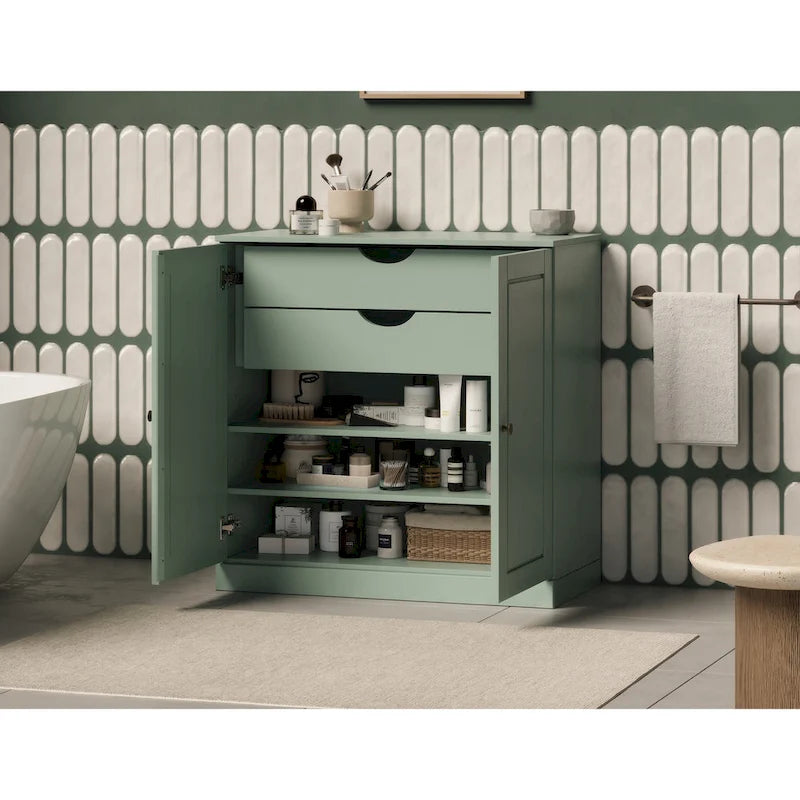 Imports 100% Solid Wood 32 Bathroom Cabinet with Solid Doors, 2-Drawers and Adjustable Shelves