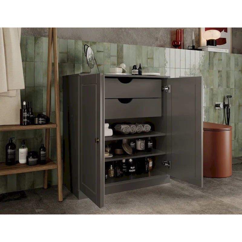 Imports 100% Solid Wood 32 Bathroom Cabinet with Solid Doors, 2-Drawers and Adjustable Shelves