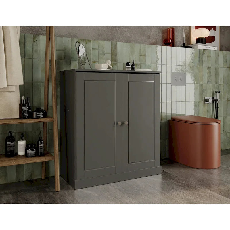 Imports 100% Solid Wood 32 Bathroom Cabinet with Solid Doors, 2-Drawers and Adjustable Shelves