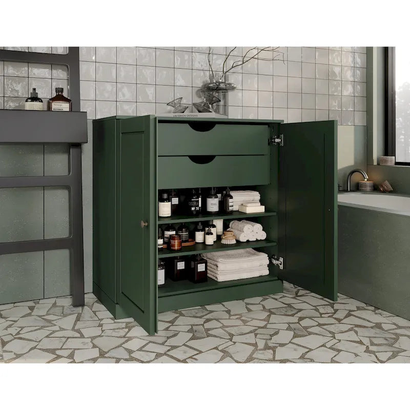 Imports 100% Solid Wood 32 Bathroom Cabinet with Solid Doors, 2-Drawers and Adjustable Shelves