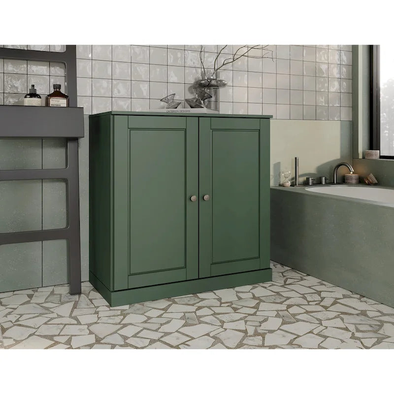 Imports 100% Solid Wood 32 Bathroom Cabinet with Solid Doors, 2-Drawers and Adjustable Shelves