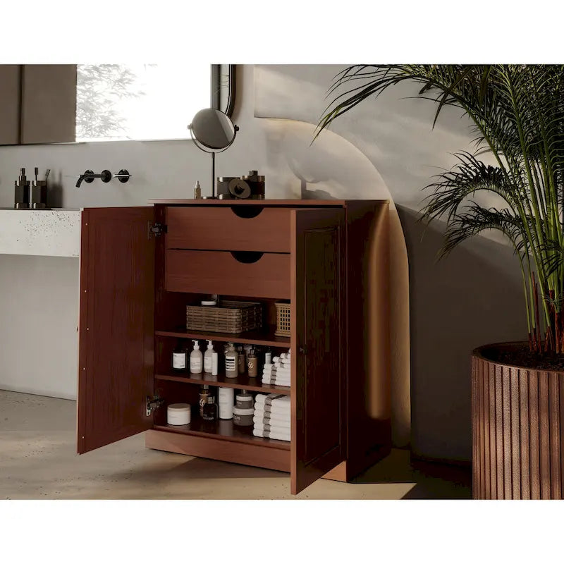 Imports 100% Solid Wood 32 Bathroom Cabinet with Solid Doors, 2-Drawers and Adjustable Shelves