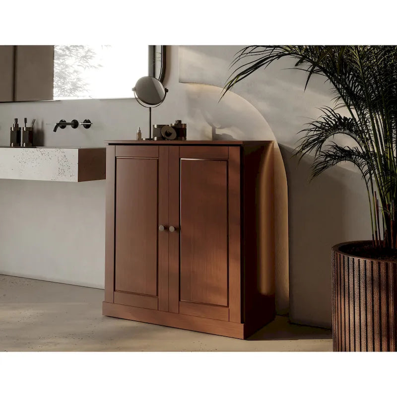 Imports 100% Solid Wood 32 Bathroom Cabinet with Solid Doors, 2-Drawers and Adjustable Shelves