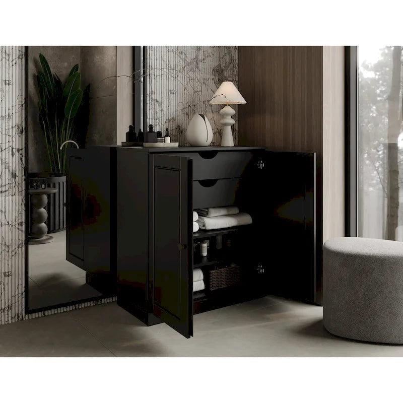Imports 100% Solid Wood 32 Bathroom Cabinet with Solid Doors, 2-Drawers and Adjustable Shelves