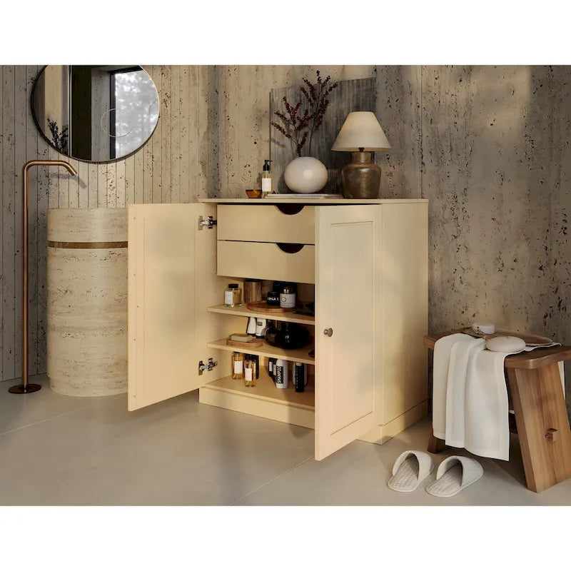 Imports 100% Solid Wood 32 Bathroom Cabinet with Solid Doors, 2-Drawers and Adjustable Shelves