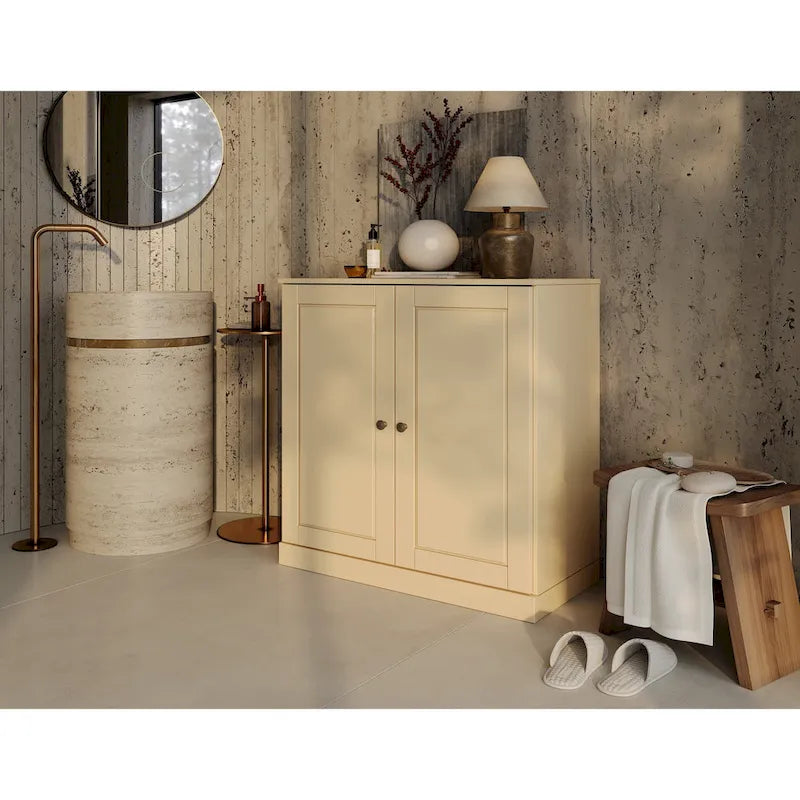 Imports 100% Solid Wood 32 Bathroom Cabinet with Solid Doors, 2-Drawers and Adjustable Shelves