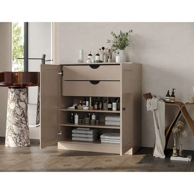 Imports 100% Solid Wood 32 Bathroom Cabinet with Solid Doors, 2-Drawers and Adjustable Shelves