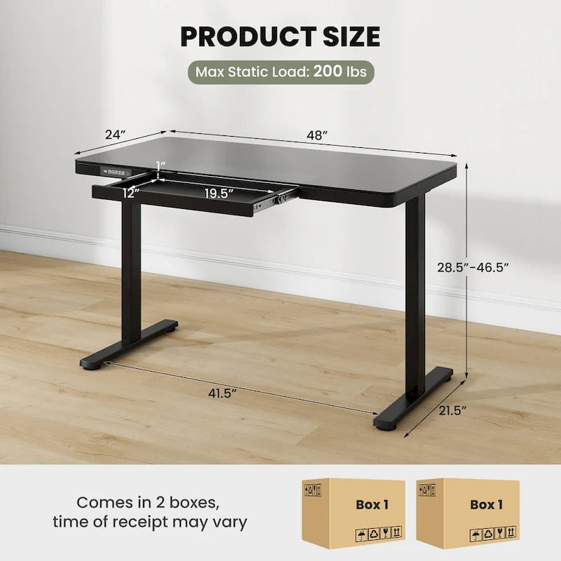 48 x 24 Whole-Piece Glass Standing Desk w/Drawers Writable
