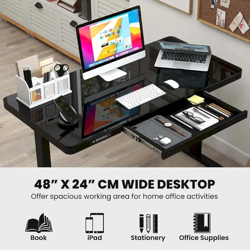 48 x 24 Whole-Piece Glass Standing Desk w/Drawers Writable