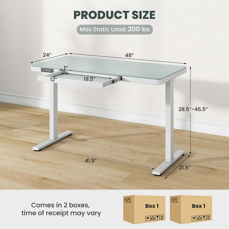 48 x 24 Whole-Piece Glass Standing Desk w/Drawers Writable