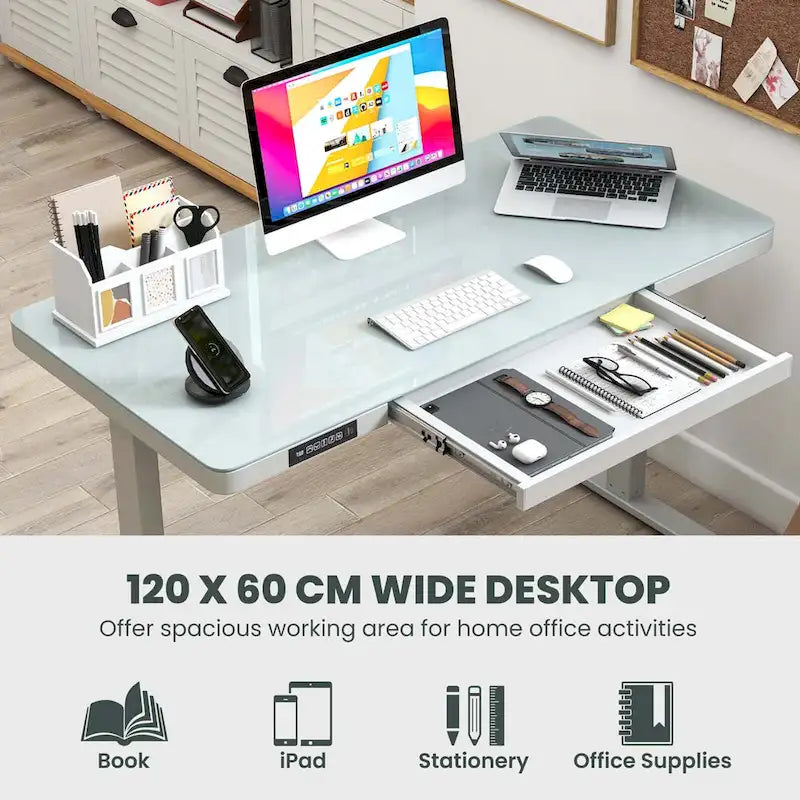 48 x 24 Whole-Piece Glass Standing Desk w/Drawers Writable