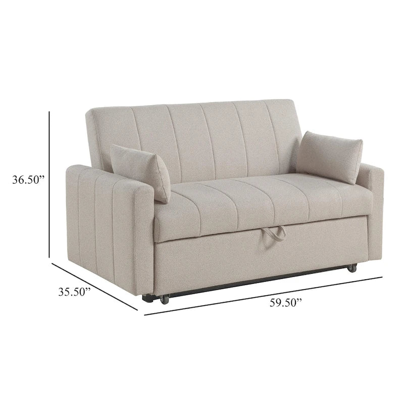 Sleeper Sofa Bed, Latte Ivory Boucle Fabric, Full Size, 60 Inch