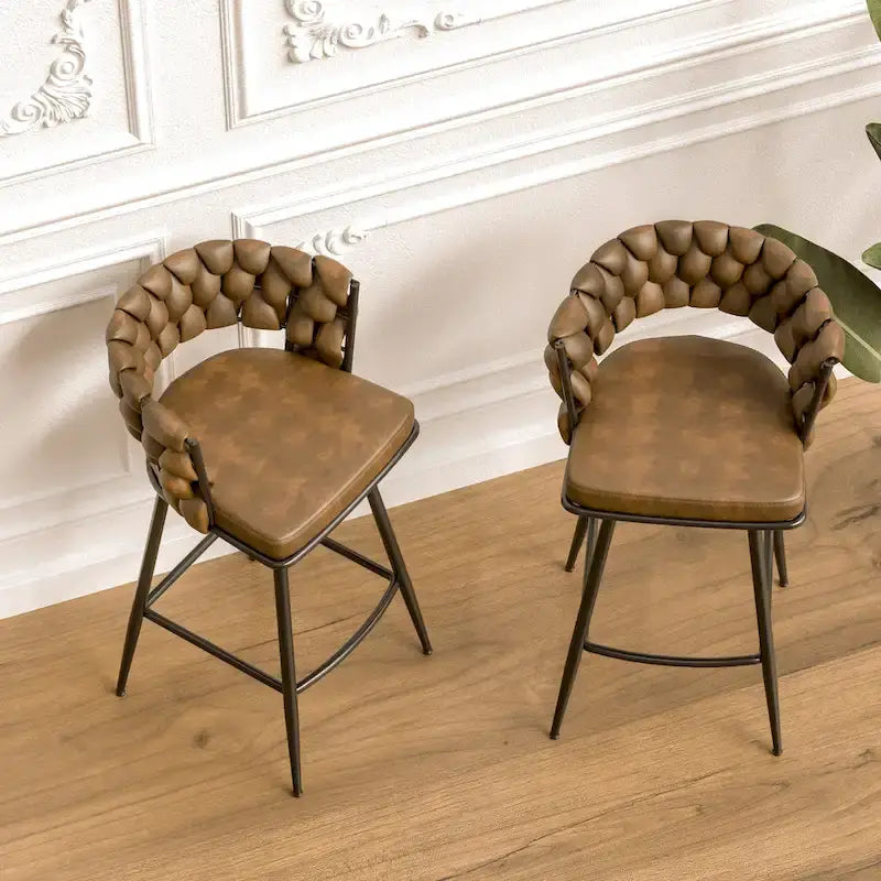 Counter Height Bar Stools Set of 2, Swivel Bar Stools with Woven Back, Kitchen Island Chairs with Footrest and Metal Frame