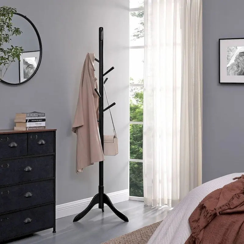 Solid Wood Modern Coat Rack, 8 Hooks, 53 lb Capacity, Adjustable 3-Section Design with Triangular Base