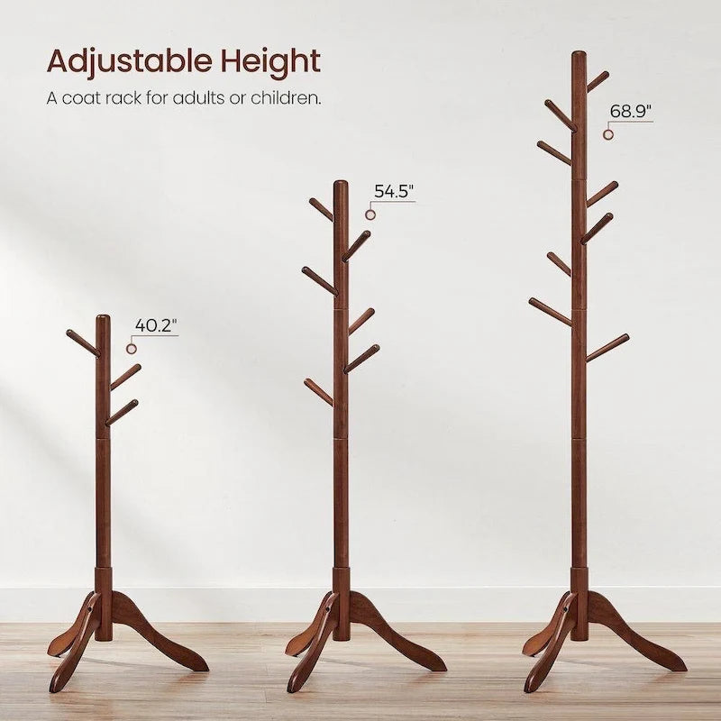 Solid Wood Modern Coat Rack, 8 Hooks, 53 lb Capacity, Adjustable 3-Section Design with Triangular Base