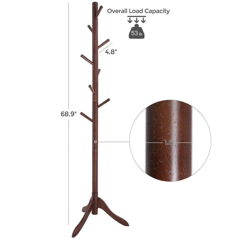 Solid Wood Modern Coat Rack, 8 Hooks, 53 lb Capacity, Adjustable 3-Section Design with Triangular Base