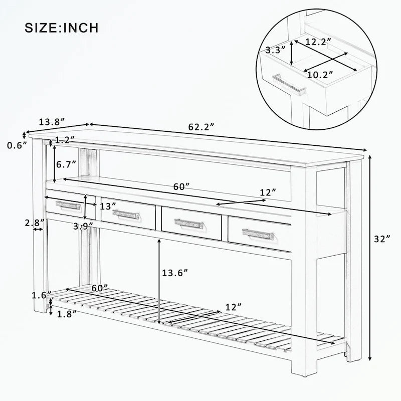 Console Table with 4 Drawers and 2 Shelves