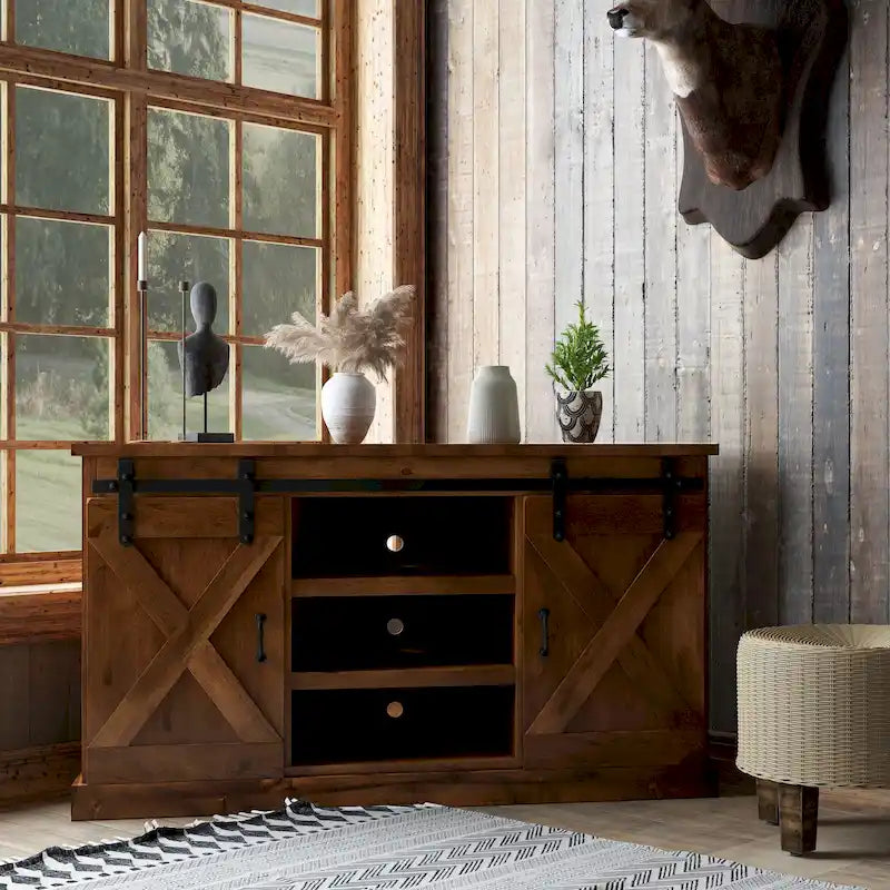 Farmhouse 56 inch Corner TV Stand for TVs up to 60 inches, No Assembly Required, Aged Whiskey Finish