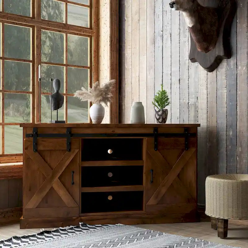 Farmhouse 56 inch Corner TV Stand for TVs up to 60 inches, No Assembly Required, Aged Whiskey Finish