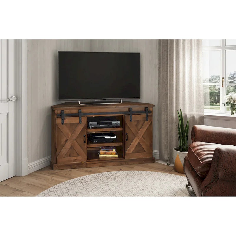 Farmhouse 56 inch Corner TV Stand for TVs up to 60 inches, No Assembly Required, Aged Whiskey Finish