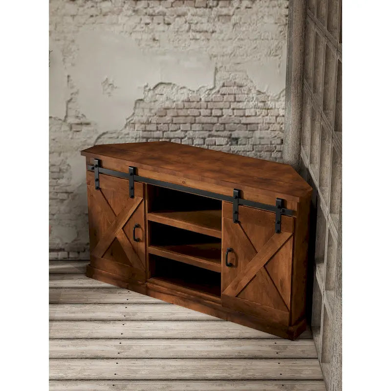 Farmhouse 56 inch Corner TV Stand for TVs up to 60 inches, No Assembly Required, Aged Whiskey Finish