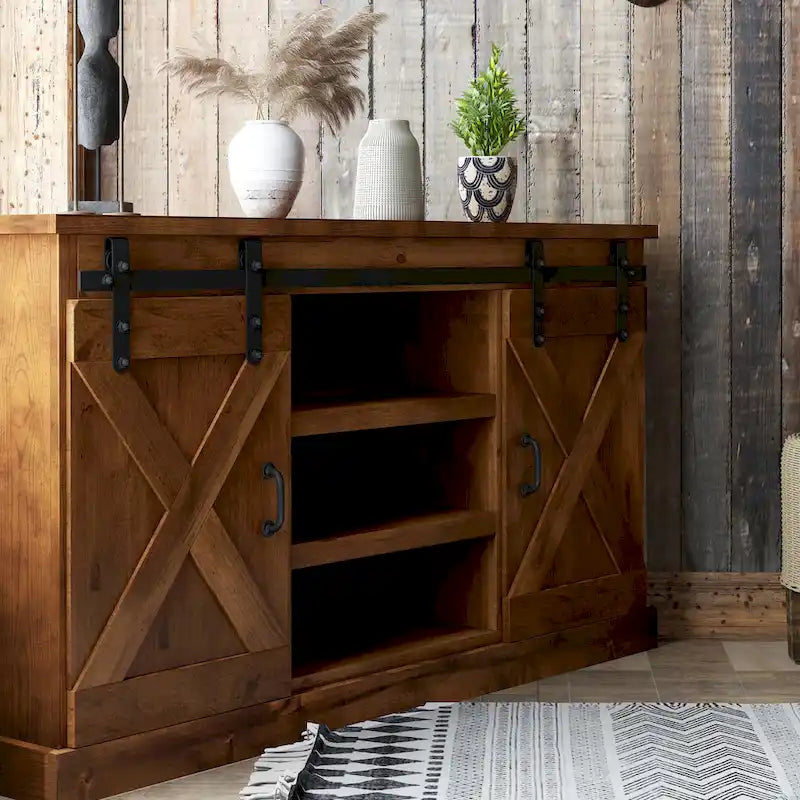 Farmhouse 56 inch Corner TV Stand for TVs up to 60 inches, No Assembly Required, Aged Whiskey Finish