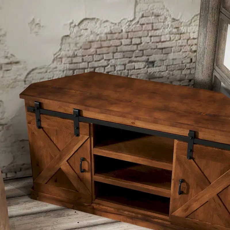 Farmhouse 56 inch Corner TV Stand for TVs up to 60 inches, No Assembly Required, Aged Whiskey Finish