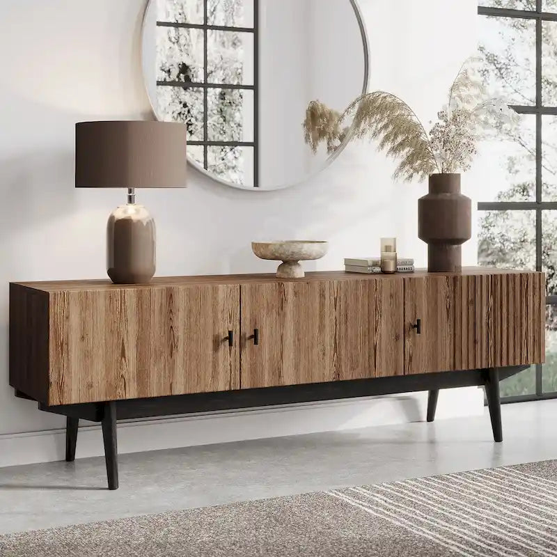 Brown TV Stand Fits for TV's up to 65 in. with Slatted Design and Wood Legs