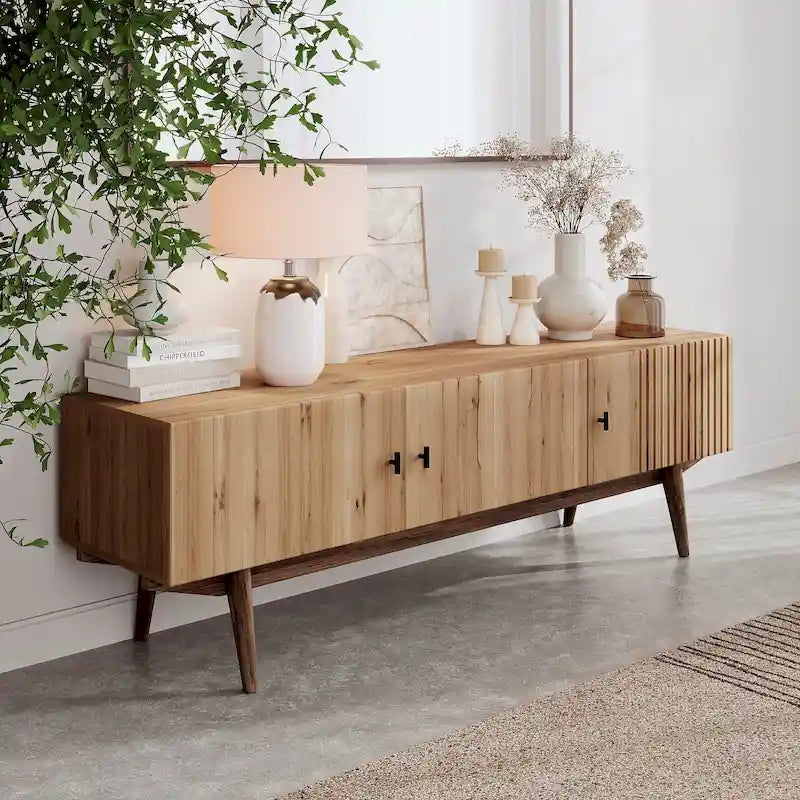 Brown TV Stand Fits for TV's up to 65 in. with Slatted Design and Wood Legs
