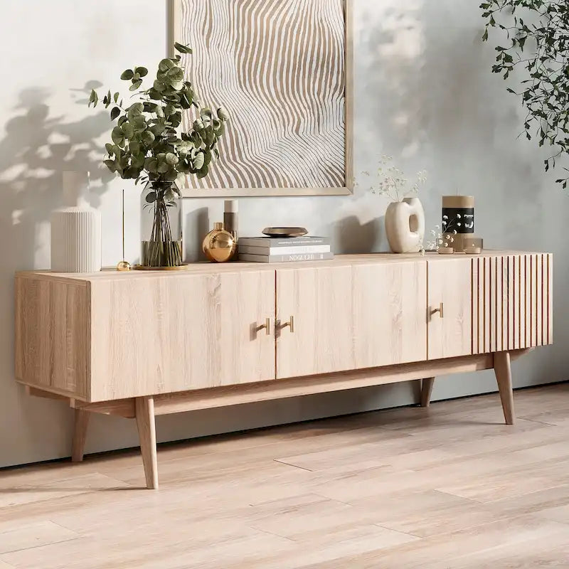 Brown TV Stand Fits for TV's up to 65 in. with Slatted Design and Wood Legs