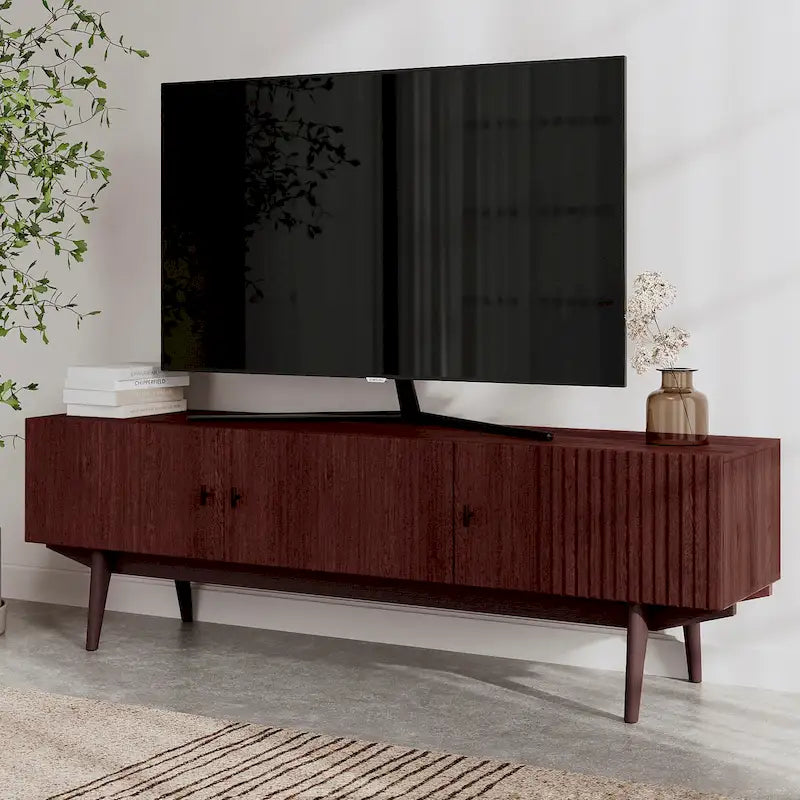 Brown TV Stand Fits for TV's up to 65 in. with Slatted Design and Wood Legs