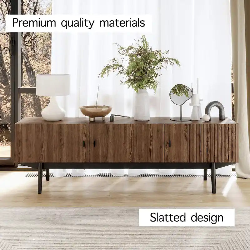 Brown TV Stand Fits for TV's up to 65 in. with Slatted Design and Wood Legs