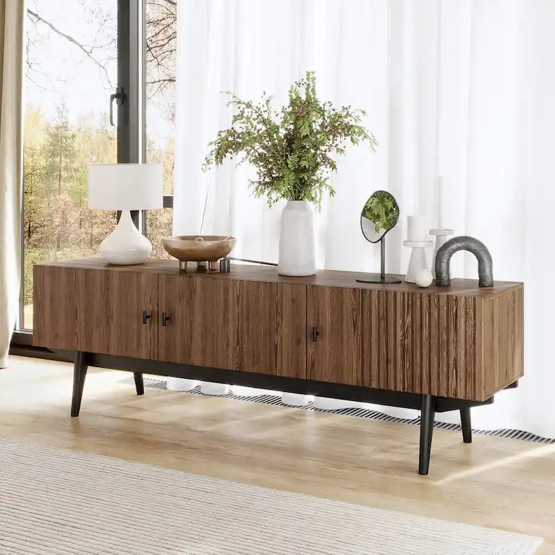 Brown TV Stand Fits for TV's up to 65 in. with Slatted Design and Wood Legs