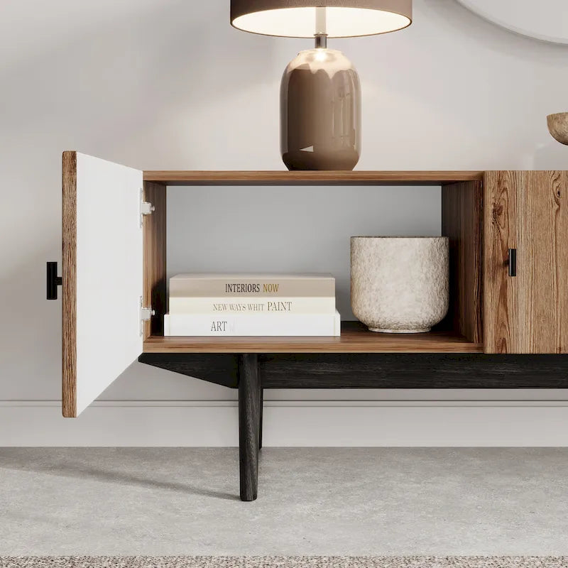 Brown TV Stand Fits for TV's up to 65 in. with Slatted Design and Wood Legs