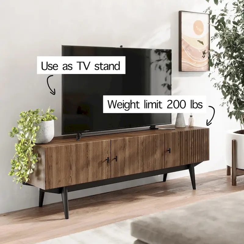 Brown TV Stand Fits for TV's up to 65 in. with Slatted Design and Wood Legs