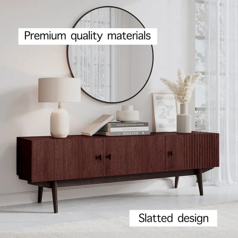 Brown TV Stand Fits for TV's up to 65 in. with Slatted Design and Wood Legs